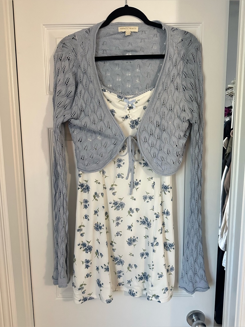 Light Blue Knit Bolero with Cream Floral Mini Dress